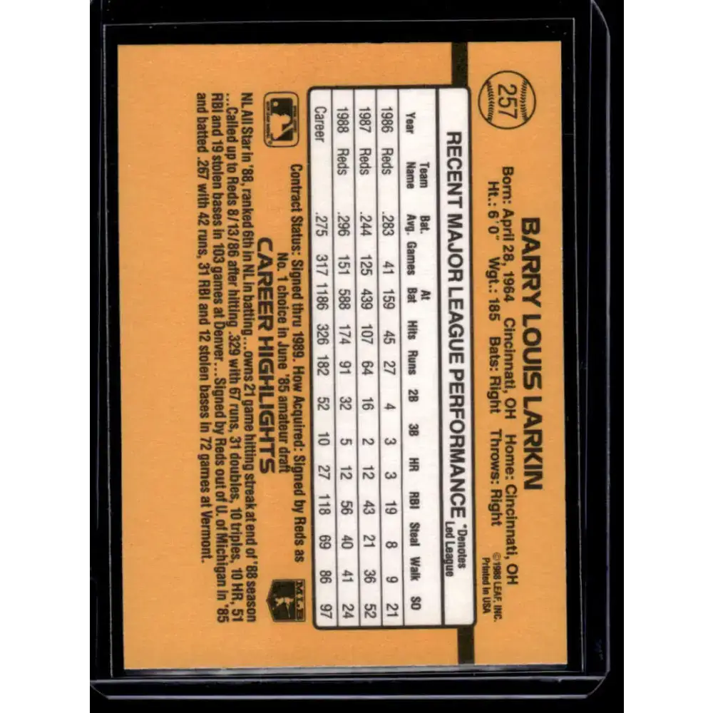 1989 Donruss #257 Barry Larkin Cincinnati Reds NM-MT Baseball Card - Baseball Card Single