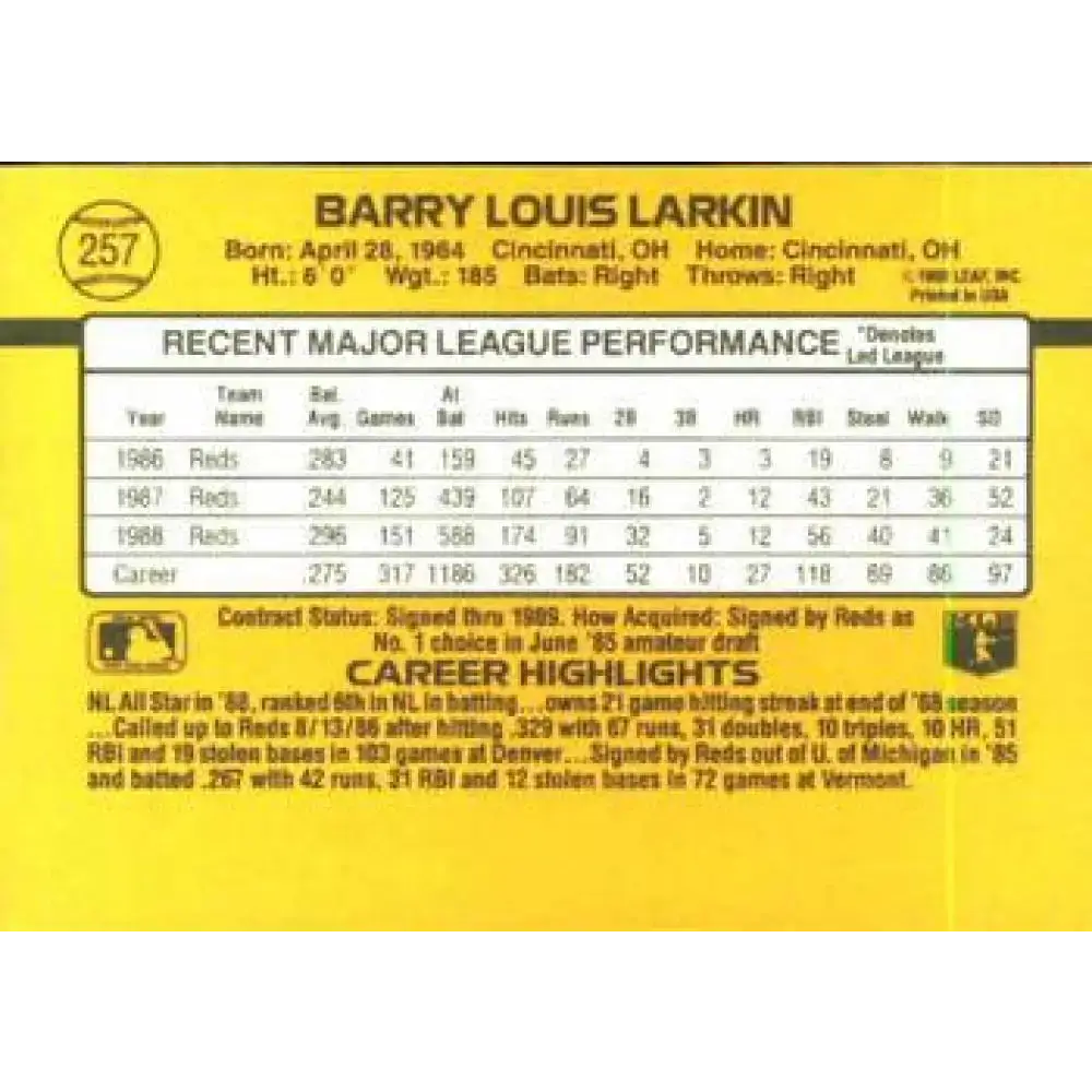 1989 Donruss #257 Barry Larkin EX Excellent Cincinnati Reds Baseball Card - Baseball Card Single