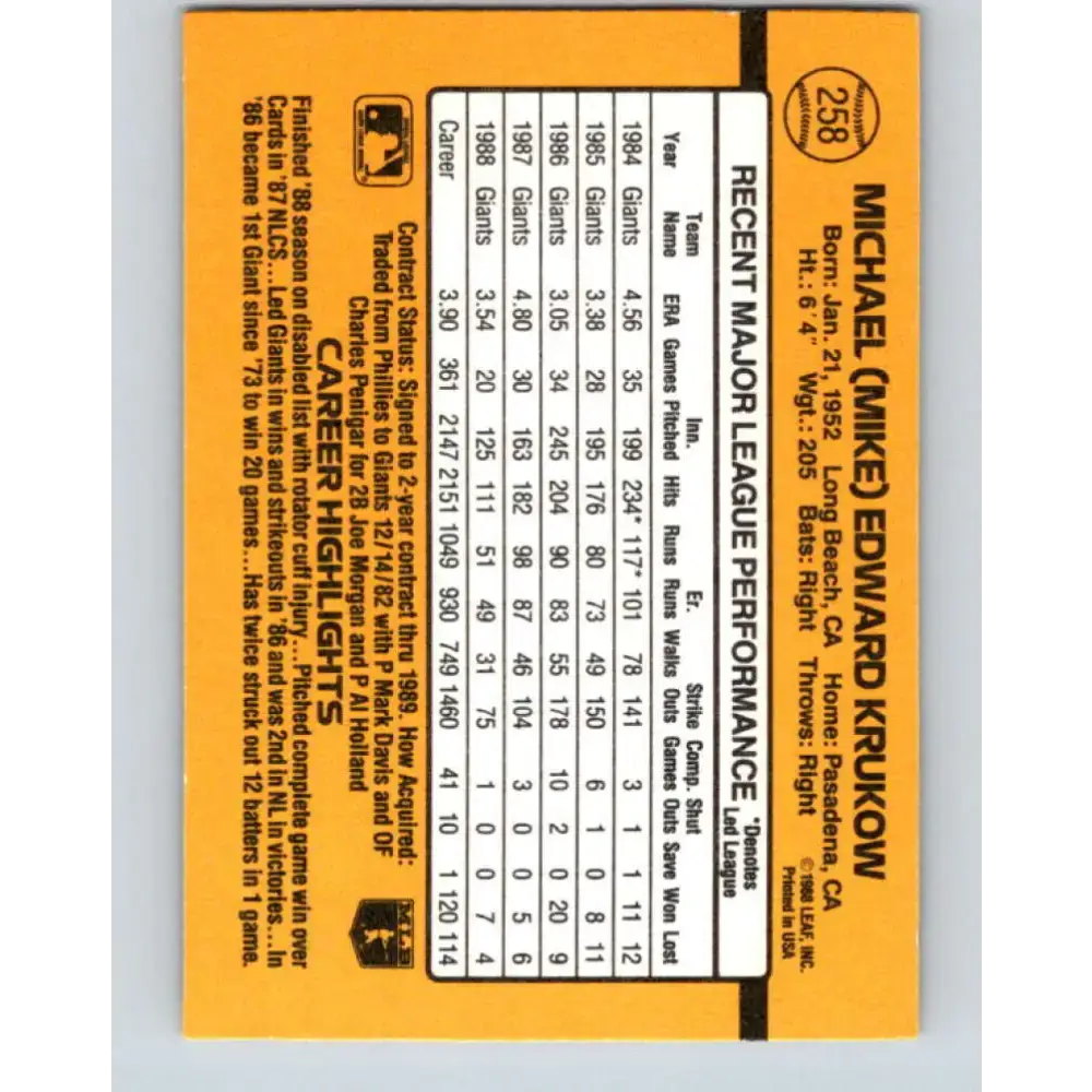 1989 Donruss #258 Mike Krukow NM-MT San Francisco Giants Baseball Card - Baseball Card Single