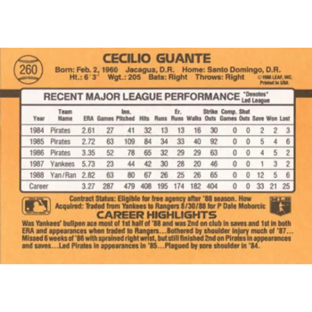 1989 Donruss #260 Cecilio Guante NM-MT Texas Rangers Baseball Card - Baseball Card Single