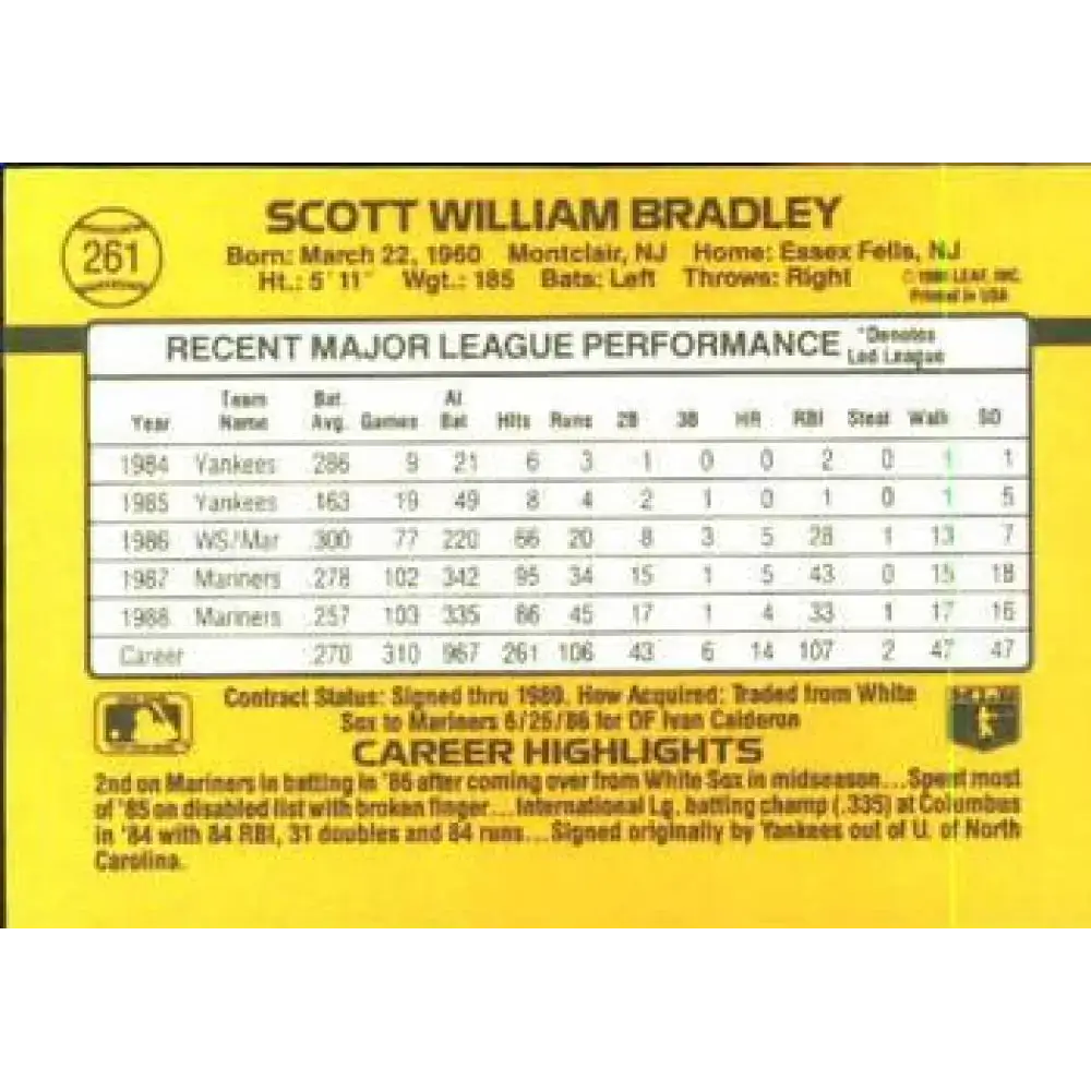1989 Donruss #261 Scott Bradley NM-MT Seattle Mariners Baseball Card - Baseball Card Single