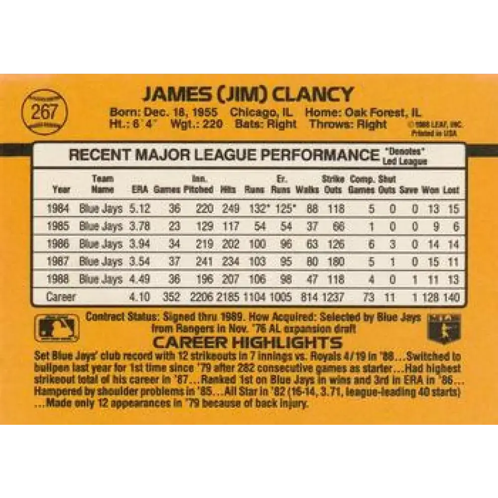 1989 Donruss #267 Jim Clancy NM-MT Toronto Blue Jays Baseball Card - Baseball Card Single