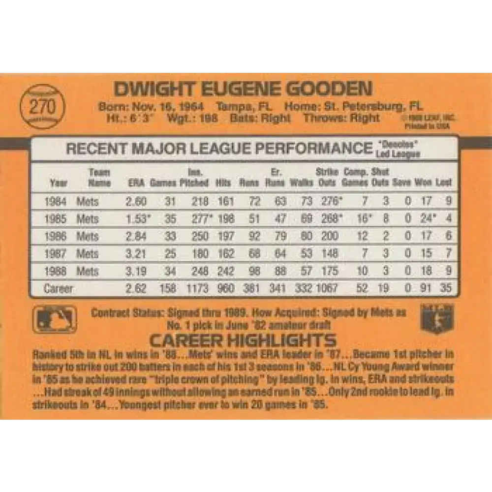 1989 Donruss #270 Dwight Gooden NM-MT New York Mets Baseball Card - Baseball Card Single