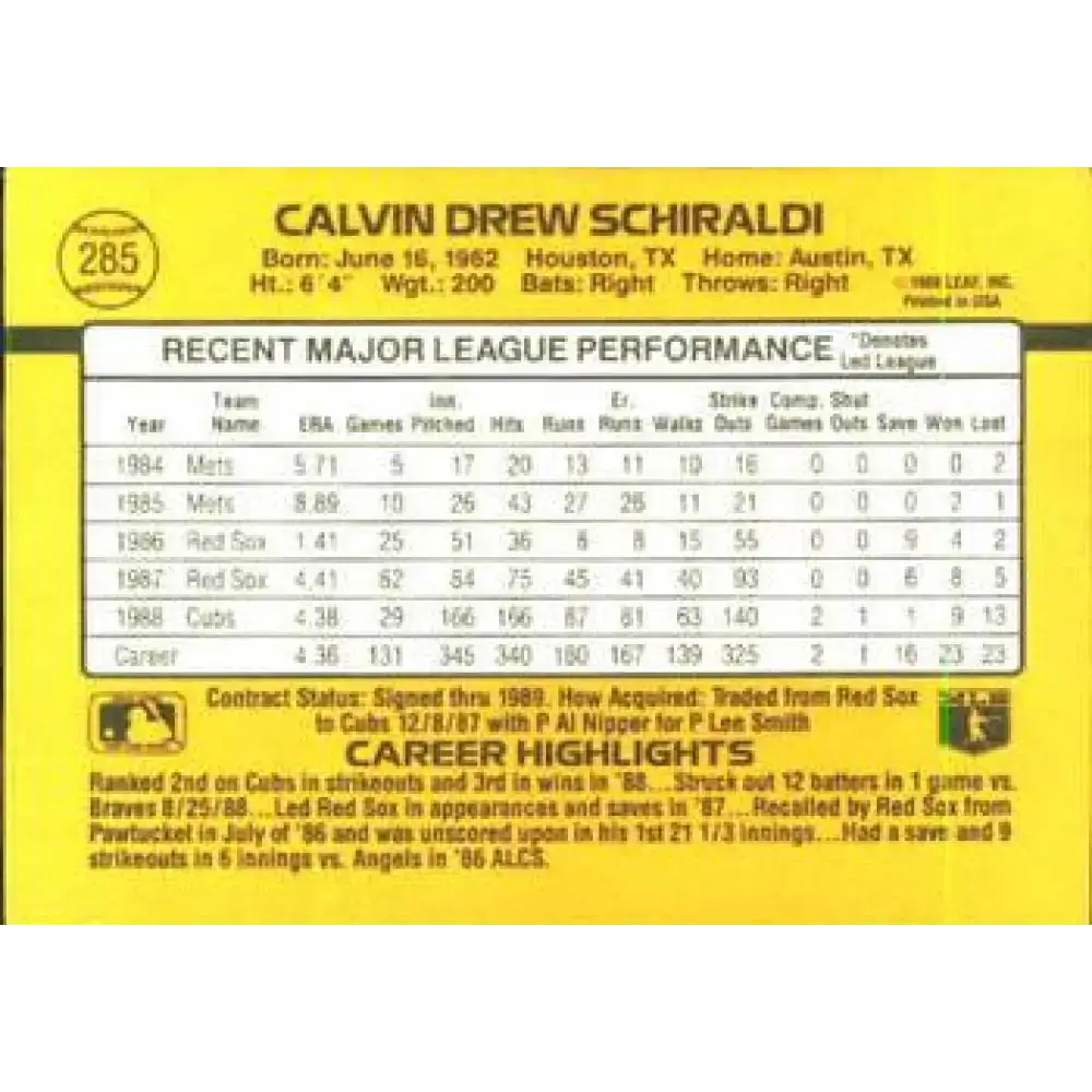 1989 Donruss #285 Calvin Schiraldi NM-MT Chicago Cubs Baseball Card - Baseball Card Single
