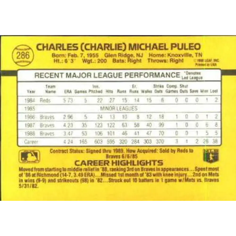 1989 Donruss #286 Charlie Puleo UER NM-MT Atlanta Braves Baseball Card - Baseball Card Single