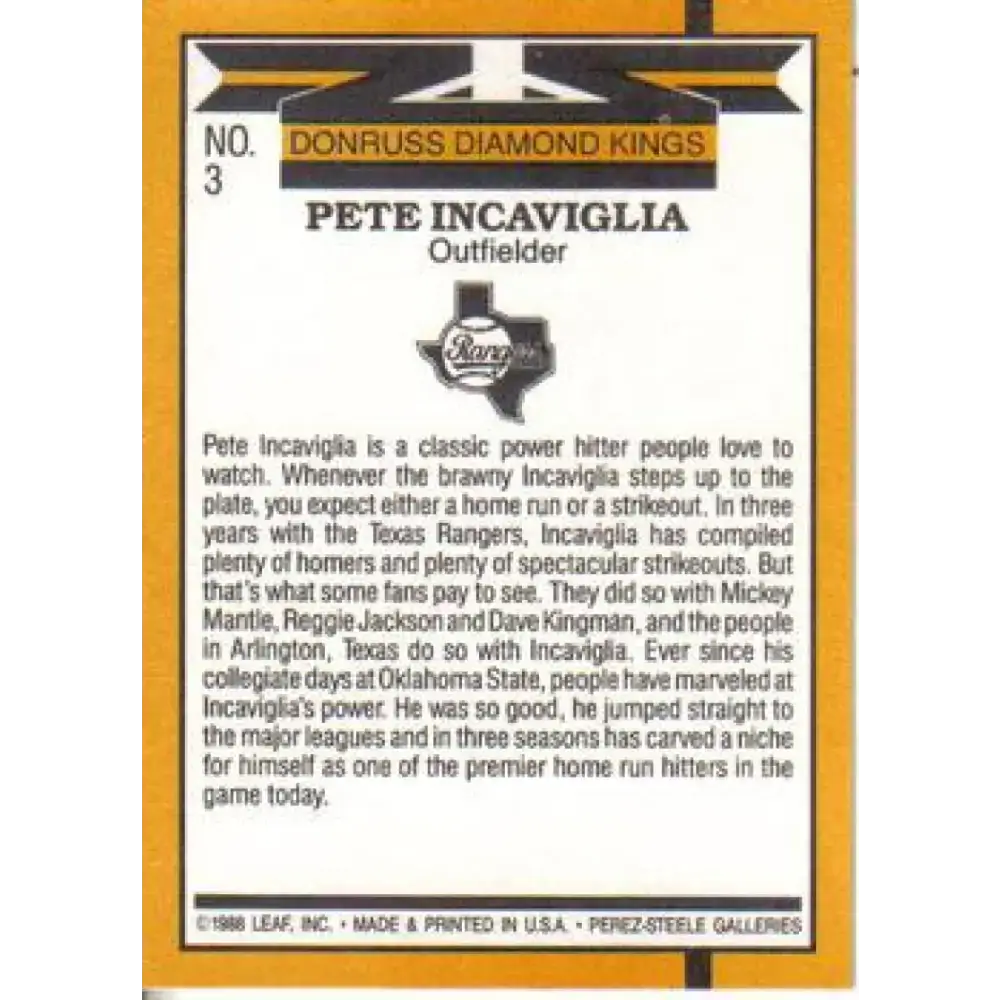 1989 Donruss #3 Pete Incaviglia DK NM-MT Texas Rangers Baseball Card - Baseball Card Single