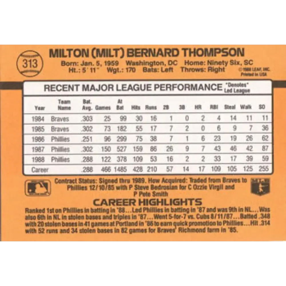 1989 Donruss #313 Milt Thompson NM-MT Philadelphia Phillies Baseball Card - Baseball Card Single
