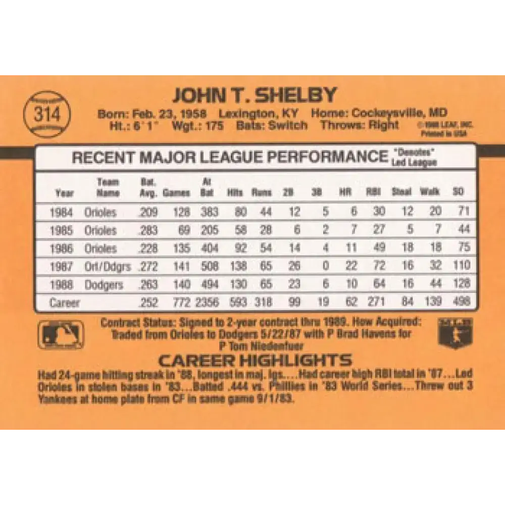 1989 Donruss #314 John Shelby NM-MT Los Angeles Dodgers Baseball Card - Baseball Card Single