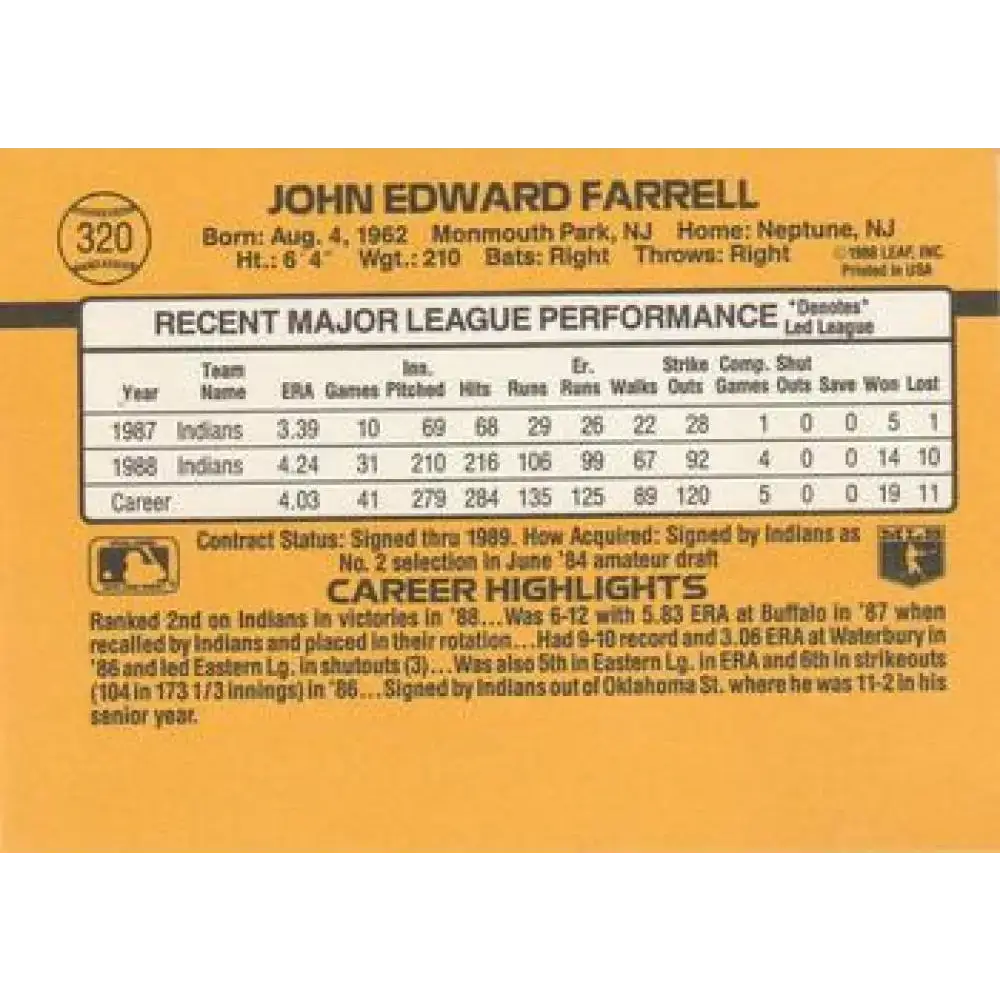 1989 Donruss #320 John Farrell NM-MT Cleveland Indians Baseball Card - Baseball Card Single