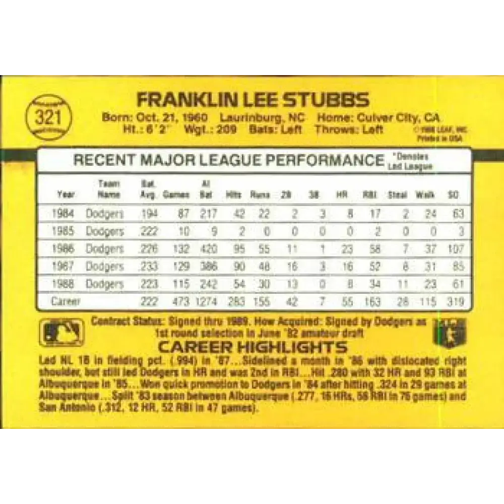 1989 Donruss #321 Franklin Stubbs NM-MT Los Angeles Dodgers Baseball Card - Baseball Card Single