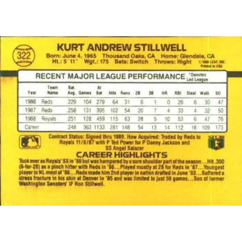 1989 Donruss #322 Kurt Stillwell NM-MT Kansas City Royals Baseball Card - Baseball Card Single
