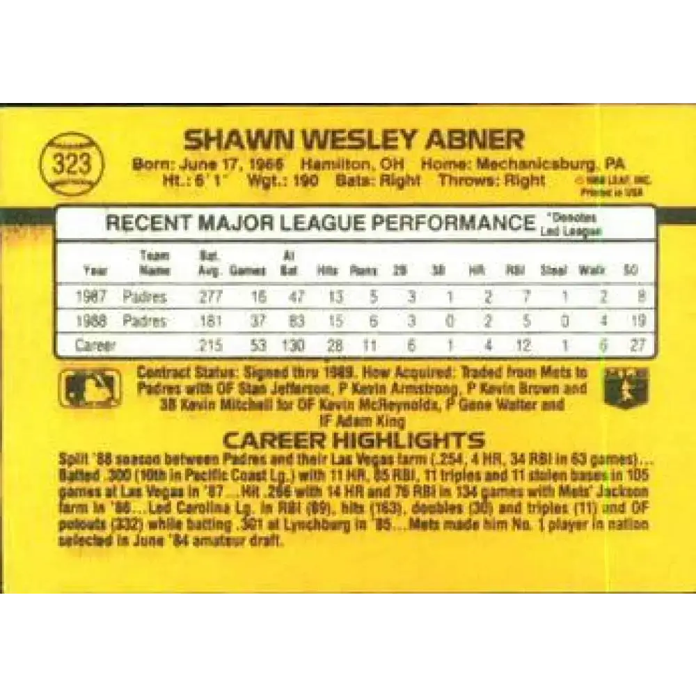 1989 Donruss #323 Shawn Abner NM-MT San Diego Padres Baseball Card - Baseball Card Single