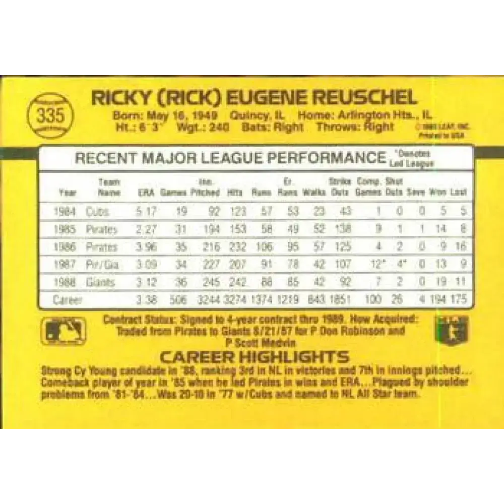 1989 Donruss #335 Rick Reuschel UER NM-MT San Francisco Giants Baseball Card - Baseball Card Single