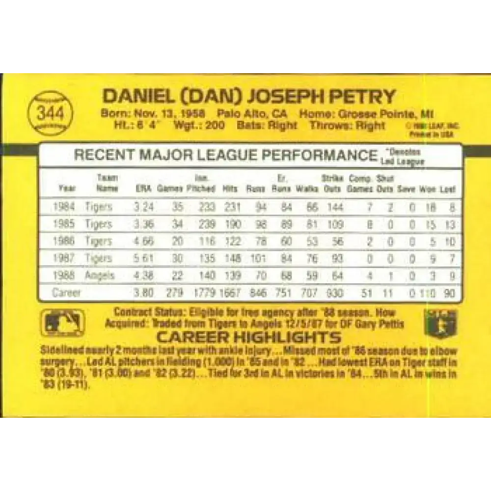 1989 Donruss #344 Dan Petry NM-MT California Angels Baseball Card - Baseball Card Single