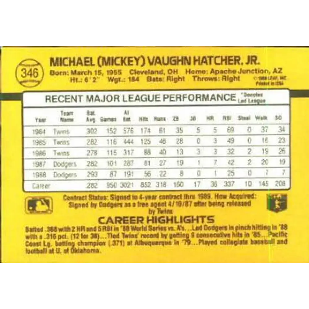 1989 Donruss #346 Mickey Hatcher NM-MT Los Angeles Dodgers Baseball Card - Baseball Card Single
