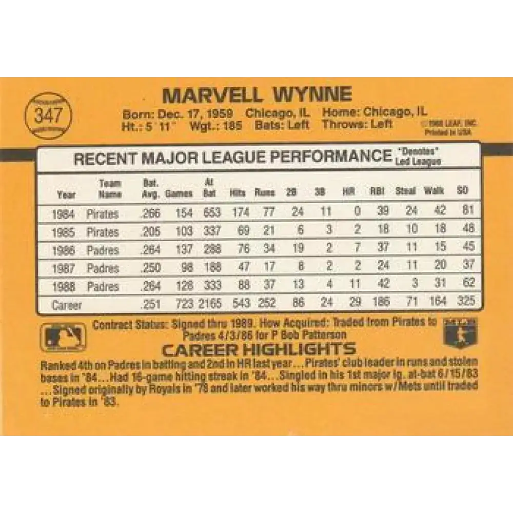 1989 Donruss #347 Marvell Wynne NM-MT San Diego Padres Baseball Card - Baseball Card Single
