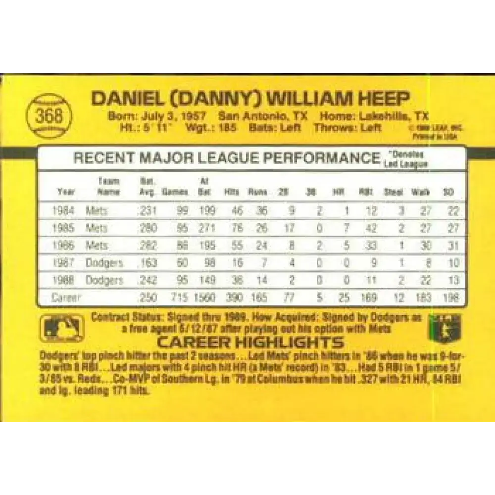 1989 Donruss #368 Danny Heep NM-MT Los Angeles Dodgers Baseball Card - Baseball Card Single