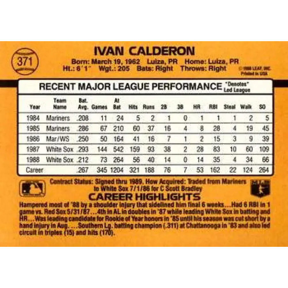 1989 Donruss #371 Ivan Calderon NM-MT Chicago White Sox Baseball Card - Baseball Card Single