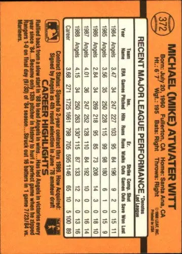1989 Donruss #372 Mike Witt NM-MT baseball card back with original gloss