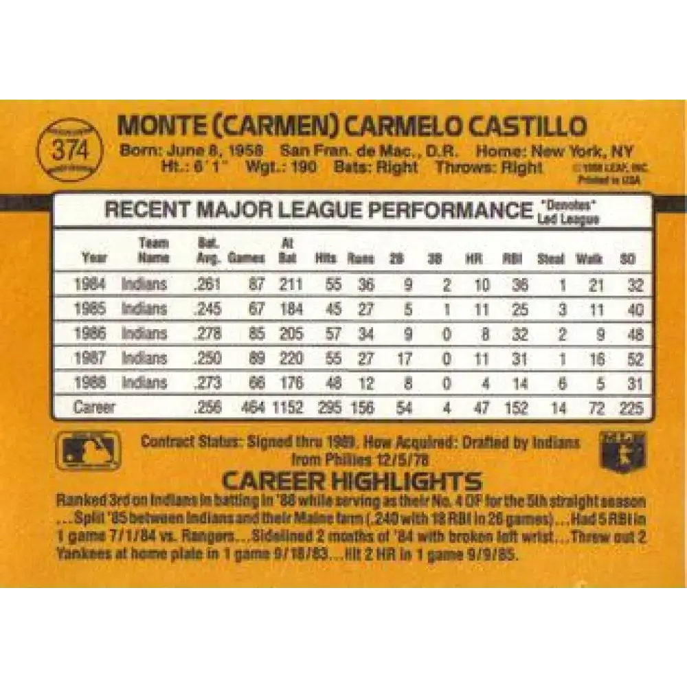 1989 Donruss #374 Carmen Castillo NM-MT Cleveland Indians Baseball Card - Baseball Card Single