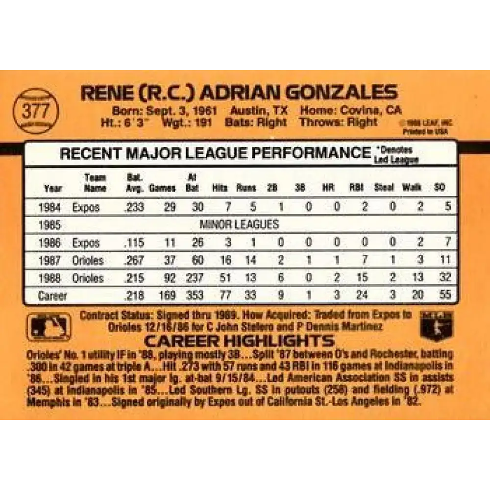 1989 Donruss #377 Rene Gonzales NM-MT Baltimore Orioles Baseball Card - Baseball Card Single