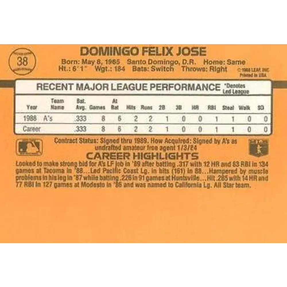 1989 Donruss #38 Felix Jose/ NM-MT RC Rookie Oakland Athletics Baseball Card - Baseball Card Single