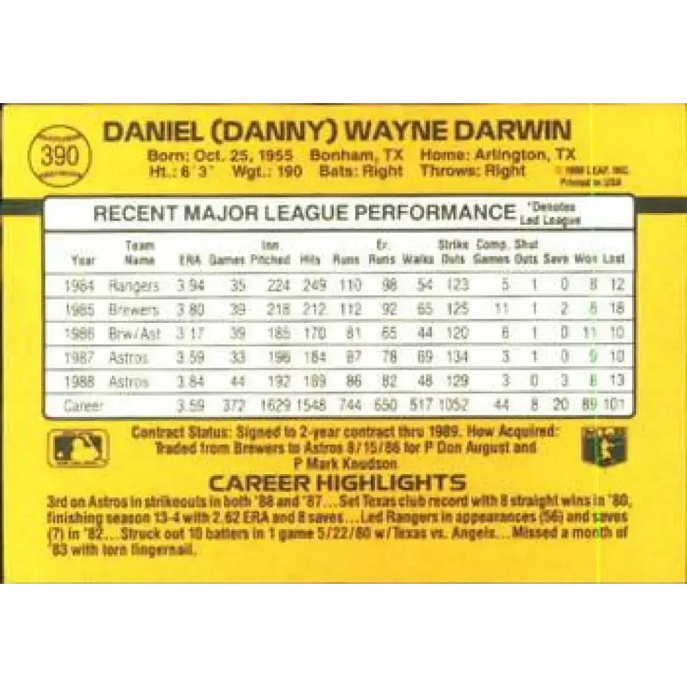 1989 Donruss #390 Danny Darwin NM-MT Houston Astros Baseball Card - Baseball Card Single