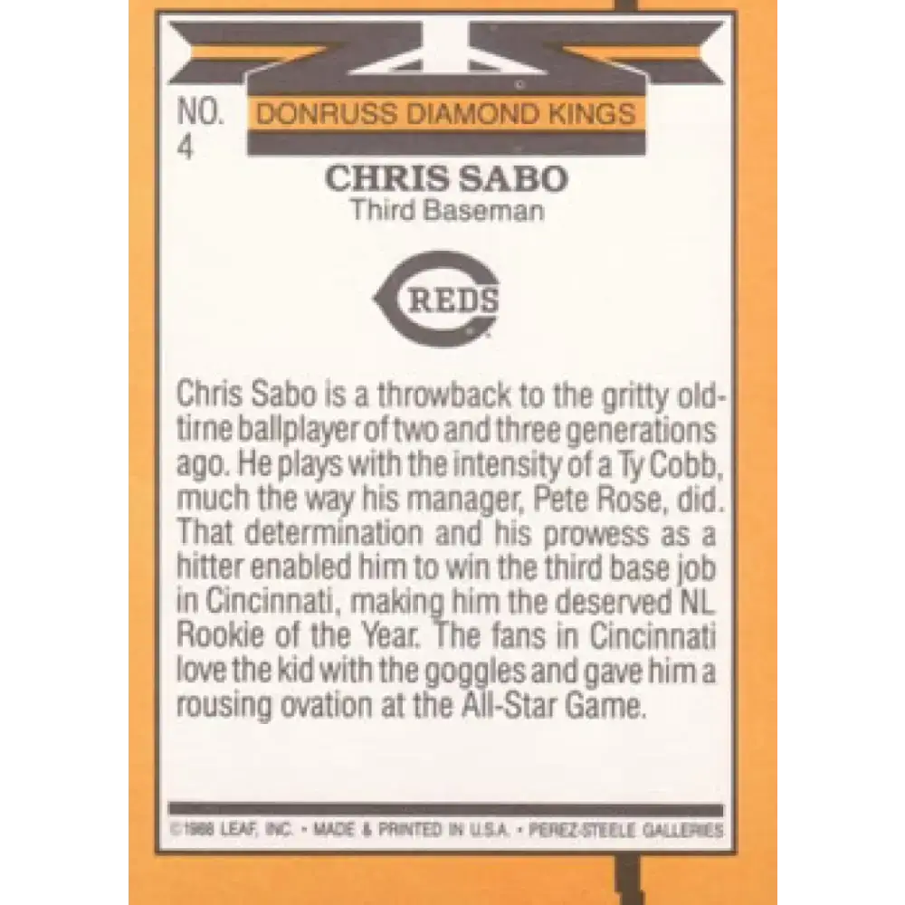 1989 Donruss #4 Chris Sabo DK DP NM-MT Cincinnati Reds Baseball Card - Baseball Card Single