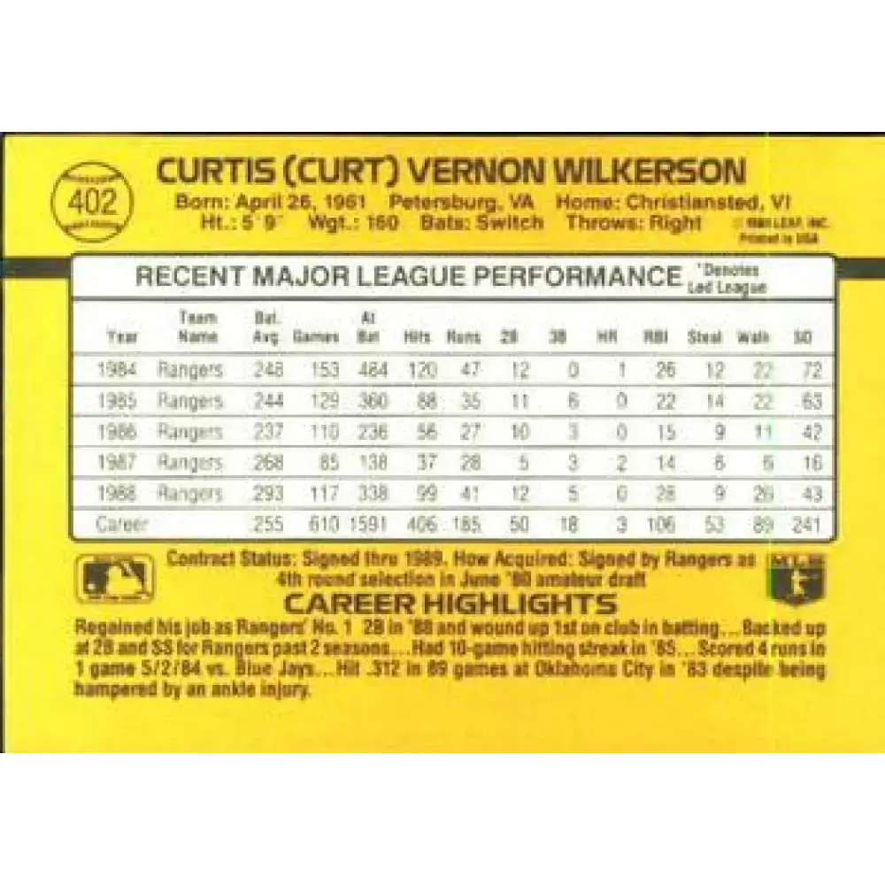 1989 Donruss #402 Curtis Wilkerson NM-MT Texas Rangers Baseball Card - Baseball Card Single