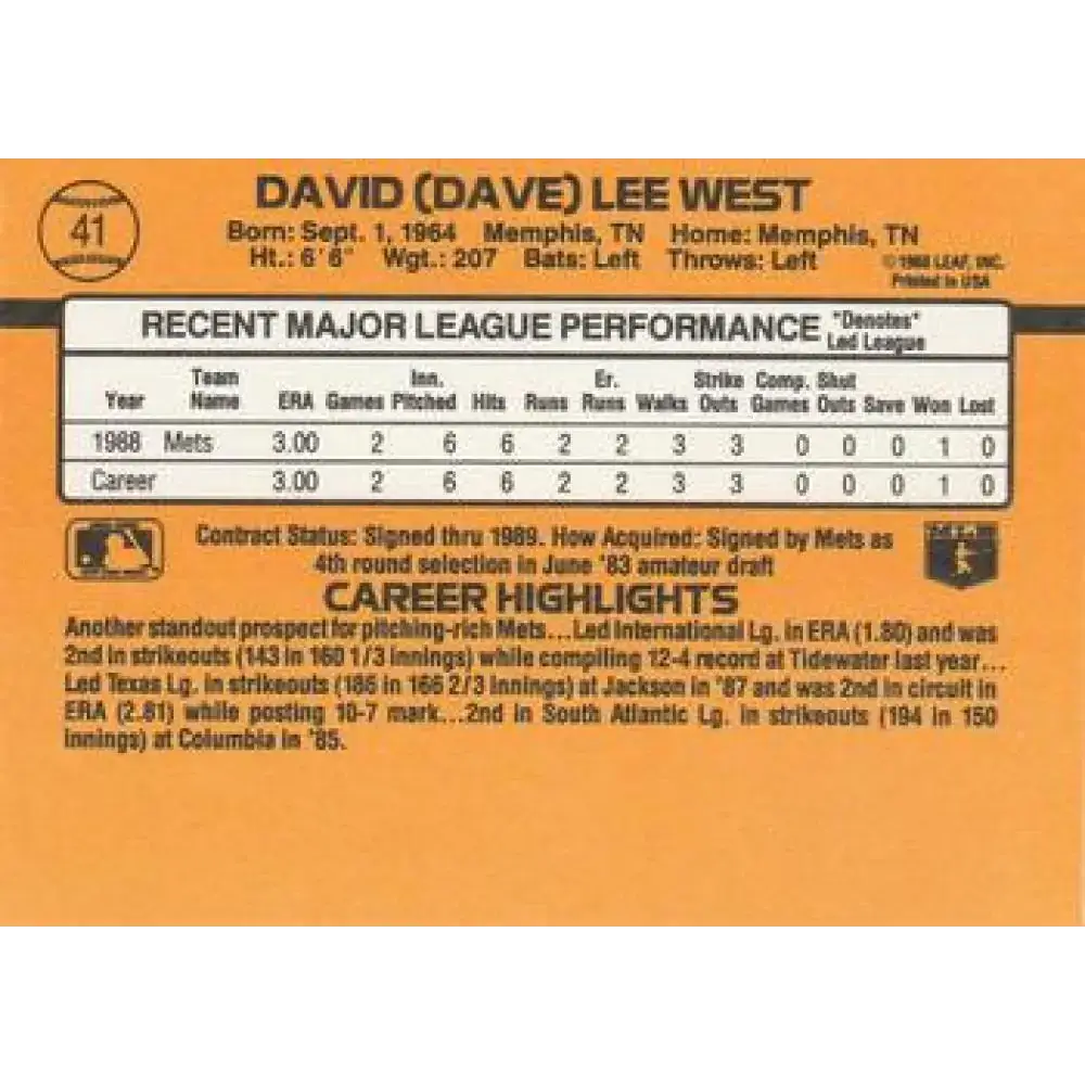 1989 Donruss #41 David West/ NM-MT RC Rookie New York Mets Baseball Card