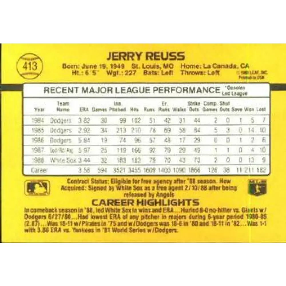 1989 Donruss #413 Jerry Reuss NM-MT Chicago White Sox Baseball Card - Baseball Card Single