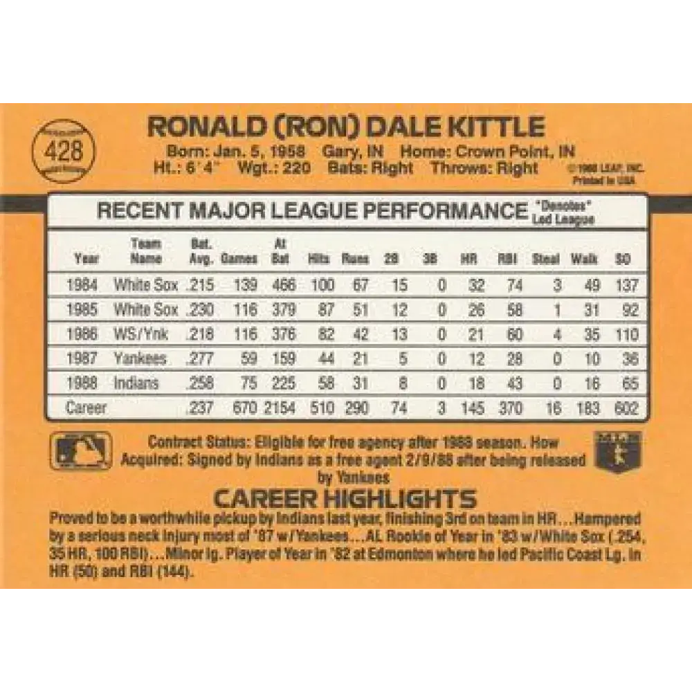 1989 Donruss #428 Ron Kittle NM-MT Cleveland Indians Baseball Card - Baseball Card Single