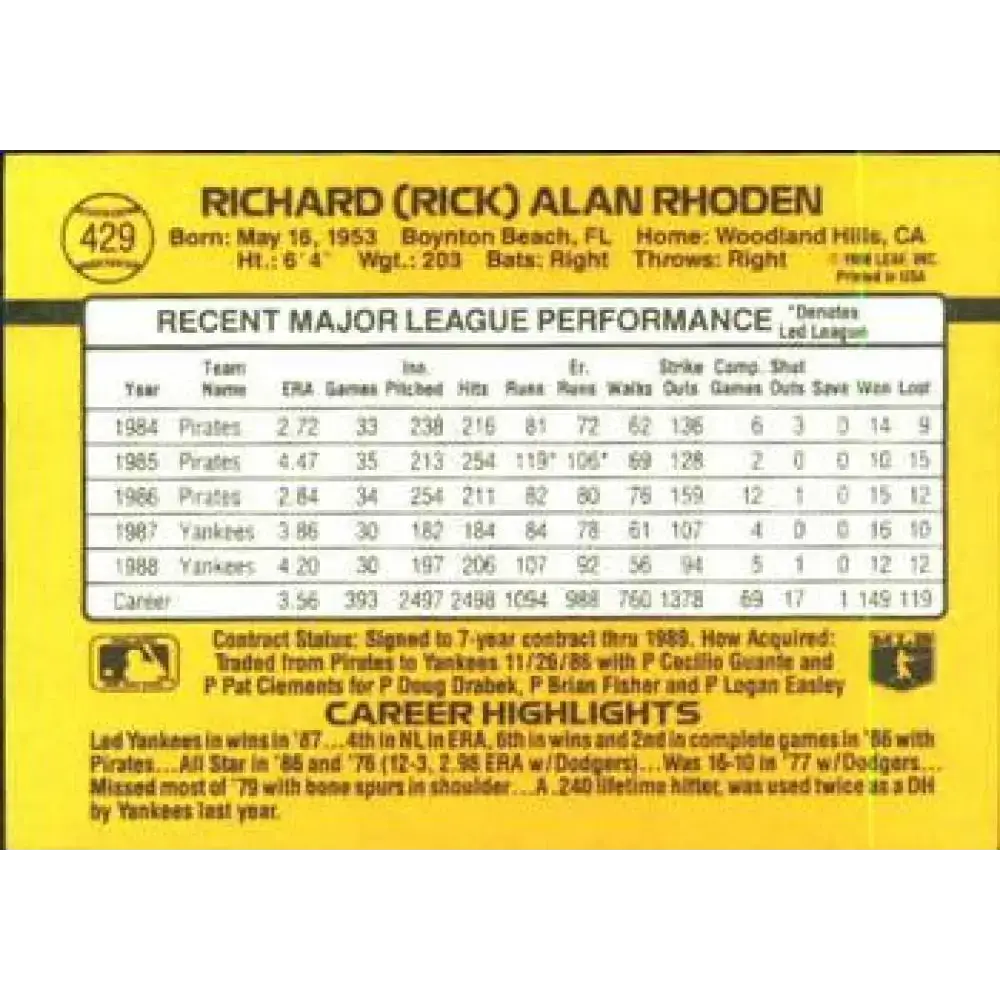 1989 Donruss #429 Rick Rhoden NM-MT New York Yankees Baseball Card - Baseball Card Single