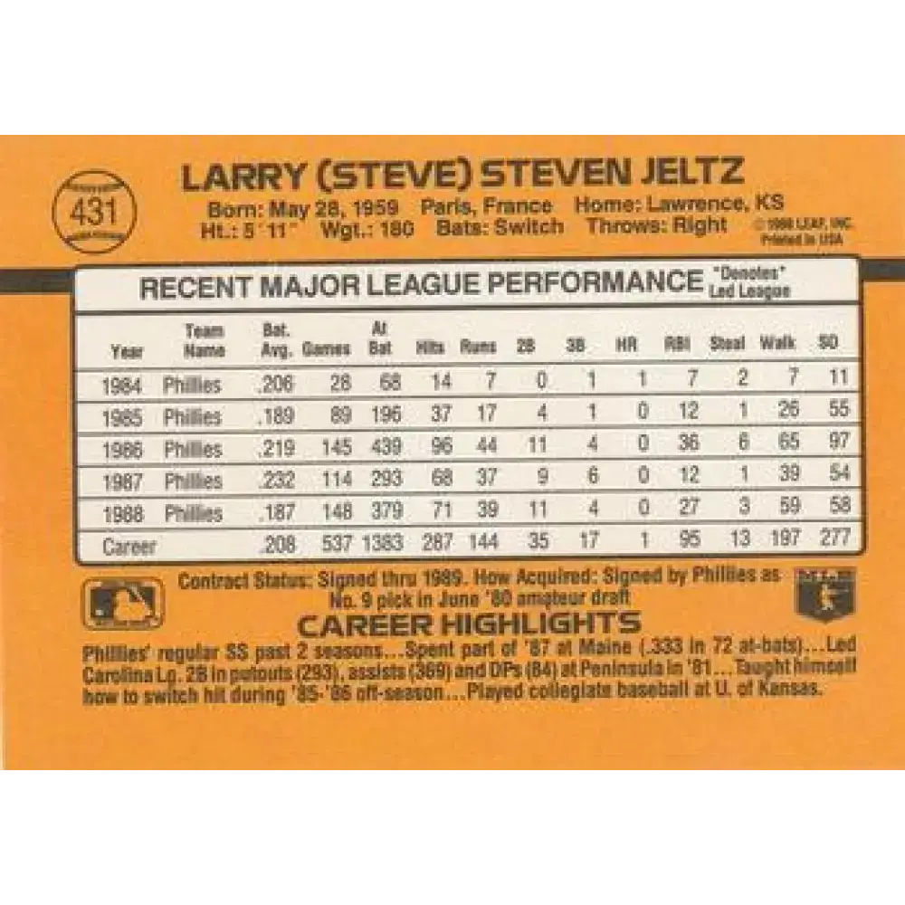 1989 Donruss #431 Steve Jeltz NM-MT Philadelphia Phillies Baseball Card - Baseball Card Single