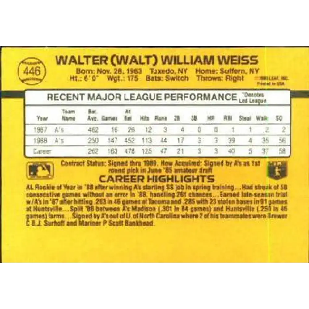 1989 Donruss #446 Walt Weiss NM-MT Oakland Athletics Baseball Card - Baseball Card Single