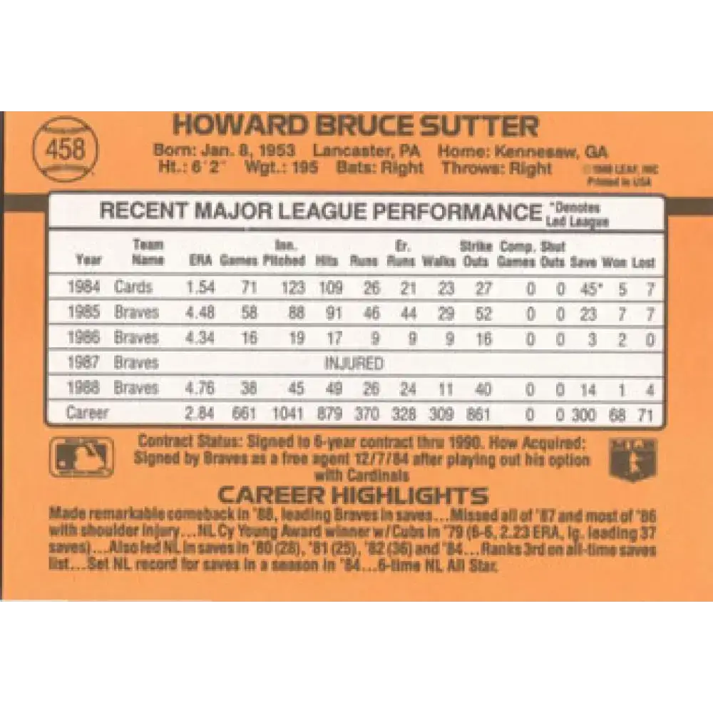 1989 Donruss #458 Bruce Sutter NM-MT Atlanta Braves Baseball Card - Baseball Card Single