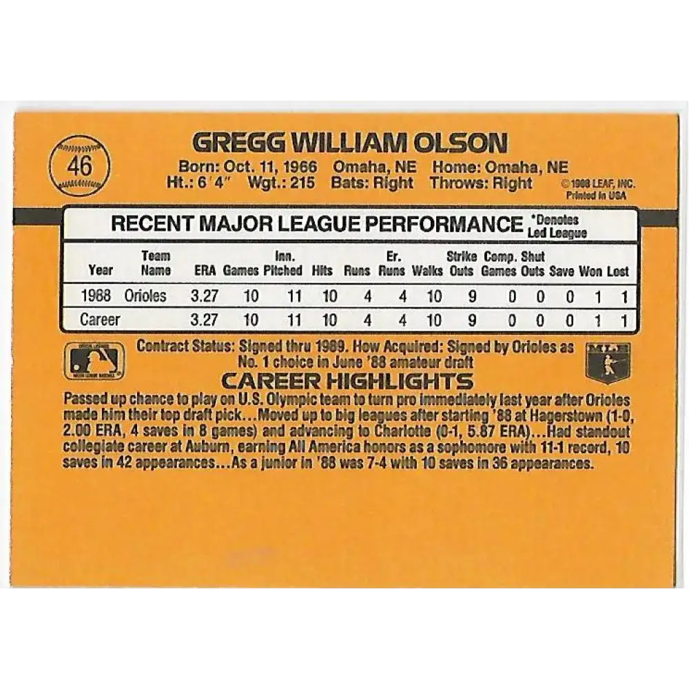 1989 Donruss #46 Gregg Olson/ DP NM-MT RC Rookie Baltimore Orioles Baseball Card - Baseball Card Single