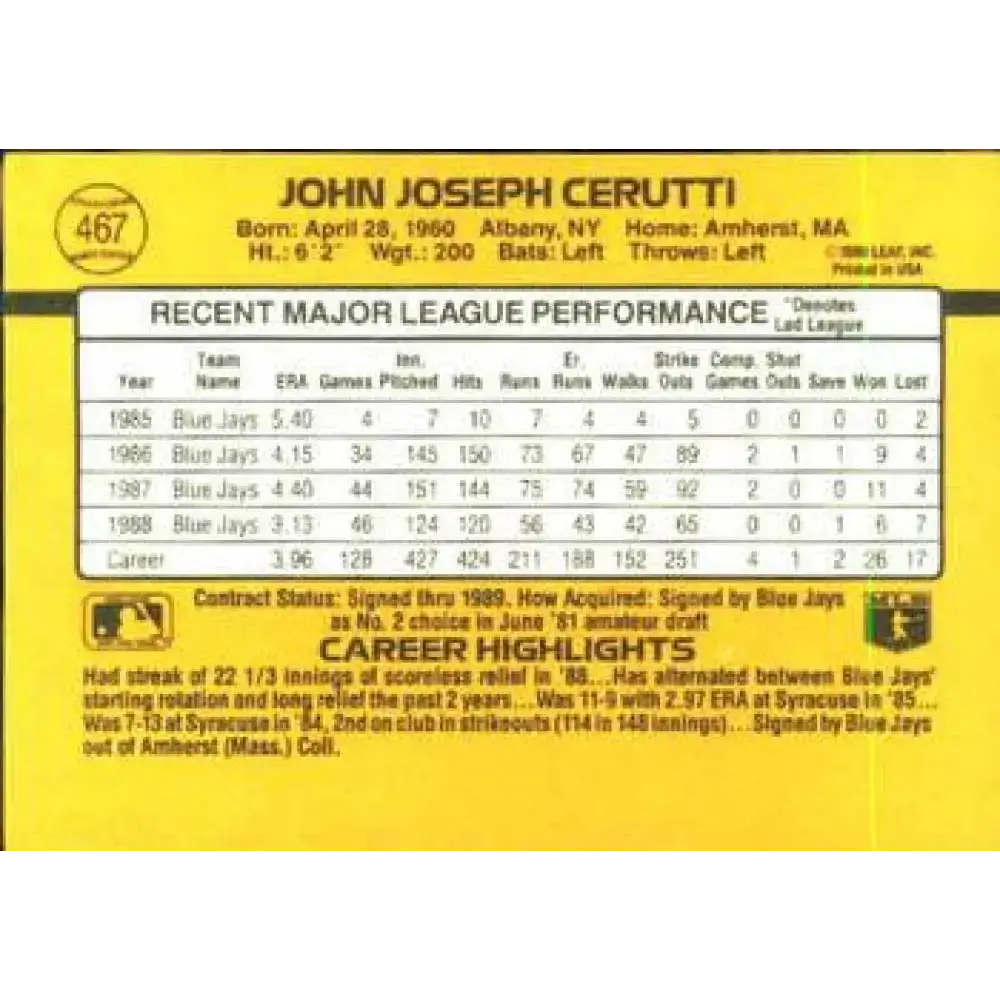 1989 Donruss #467 John Cerutti NM-MT Toronto Blue Jays Baseball Card - Baseball Card Single