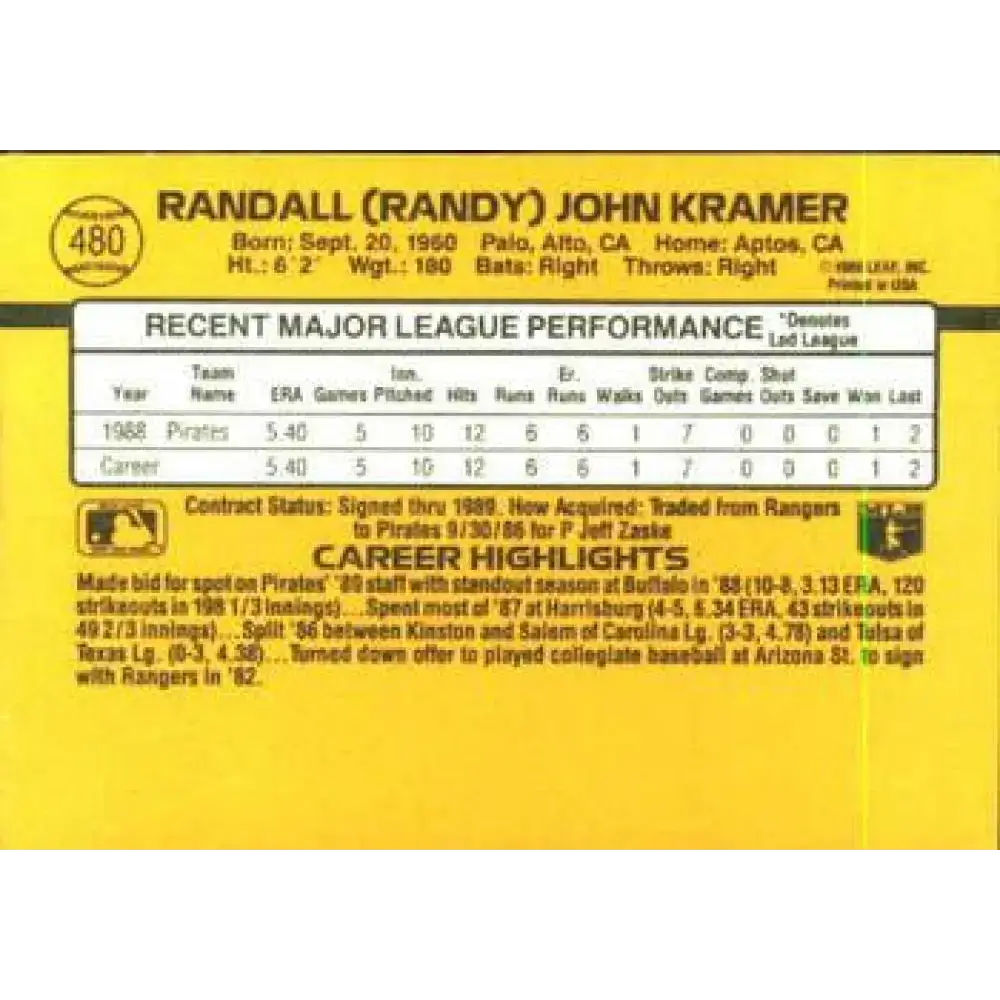 1989 Donruss #480 Randy Kramer NM-MT Pittsburgh Pirates Baseball Card - Baseball Card Single