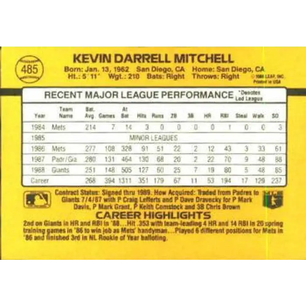 1989 Donruss #485 Kevin Mitchell NM-MT San Francisco Giants Baseball Card - Baseball Card Single