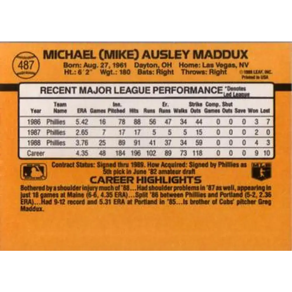 1989 Donruss #487 Mike Maddux NM-MT Philadelphia Phillies Baseball Card - Baseball Card Single