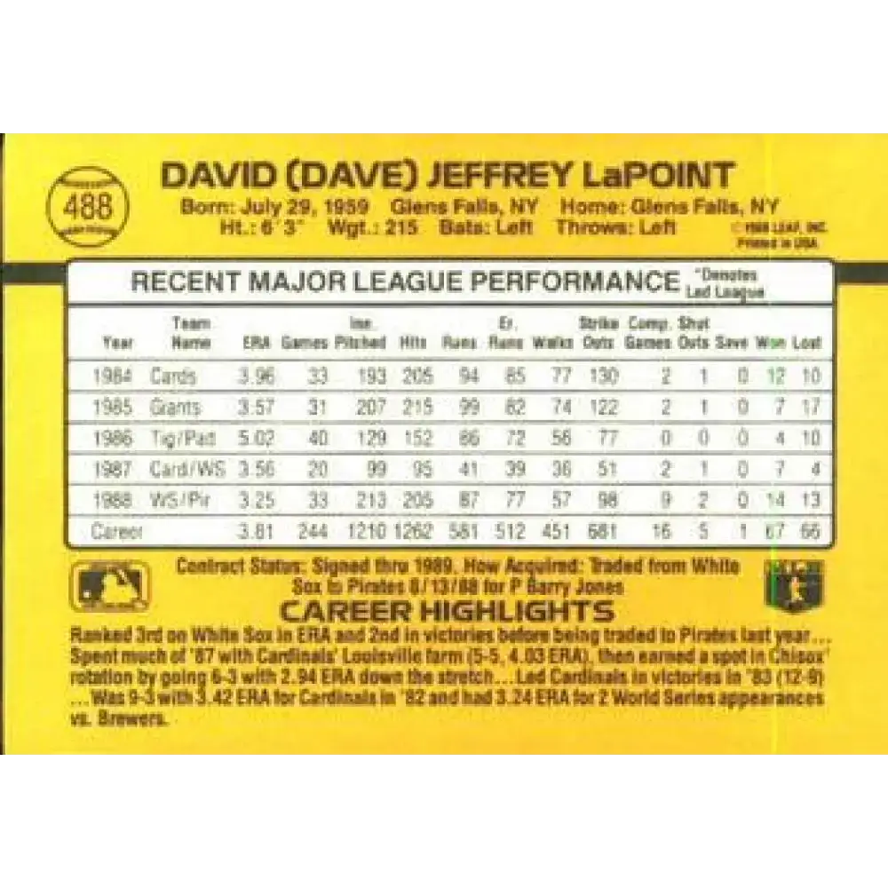 1989 Donruss #488 Dave LaPoint NM-MT Pittsburgh Pirates Baseball Card - Baseball Card Single