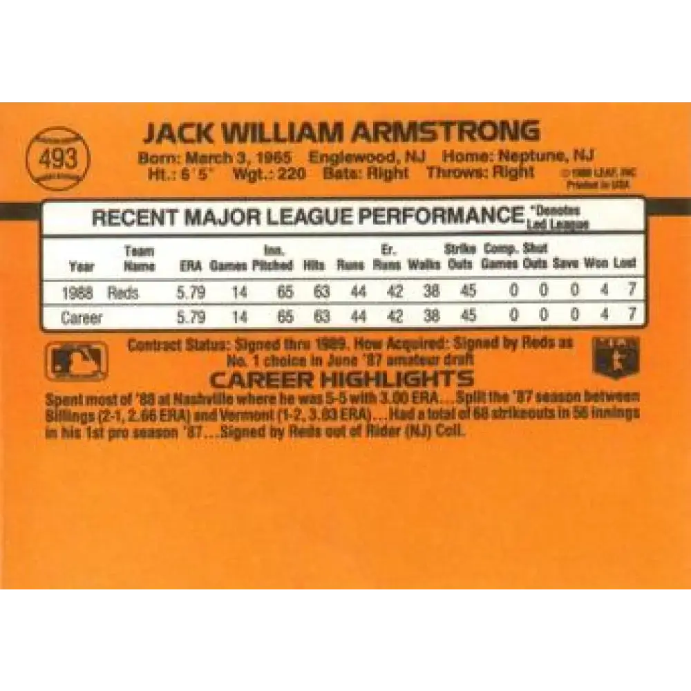 1989 Donruss #493 Jack Armstrong NM-MT RC Rookie Cincinnati Reds Baseball Card - Baseball Card Single