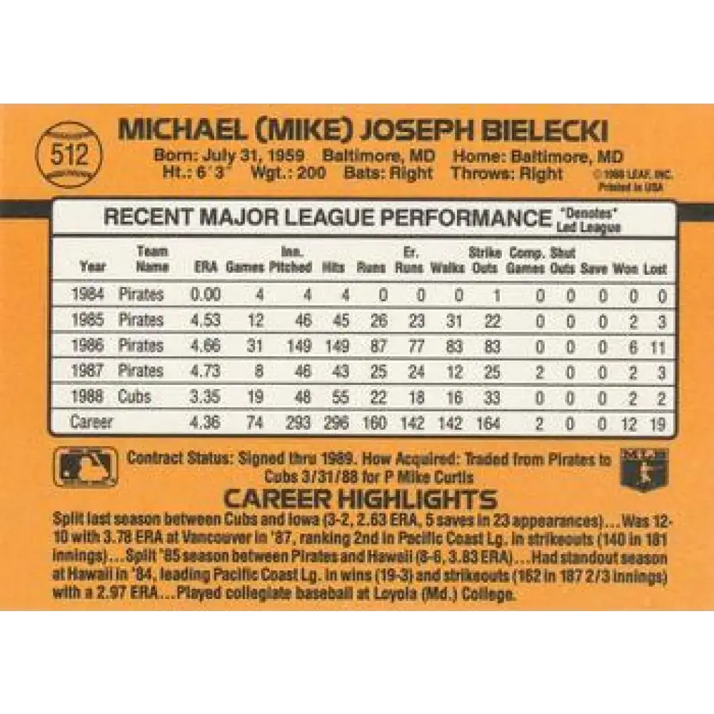 1989 Donruss #512 Mike Bielecki NM-MT Chicago Cubs Baseball Card - Baseball Card Single