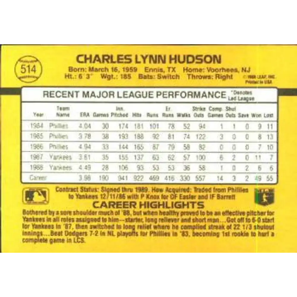 1989 Donruss #514 Charles Hudson NM-MT New York Yankees Baseball Card - Baseball Card Single