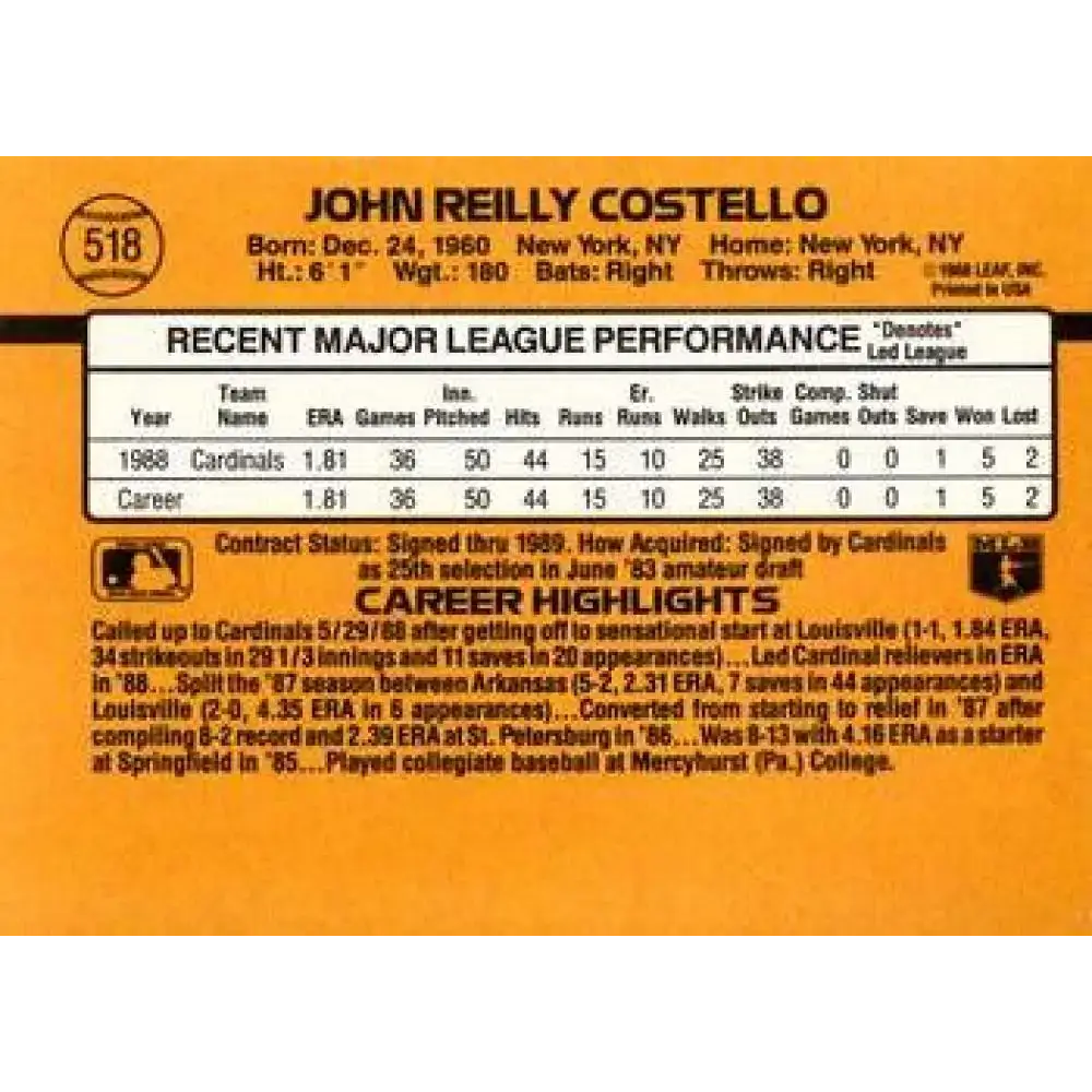 1989 Donruss #518 John Costello NM-MT St. Louis Cardinals Baseball Card - Baseball Card Single