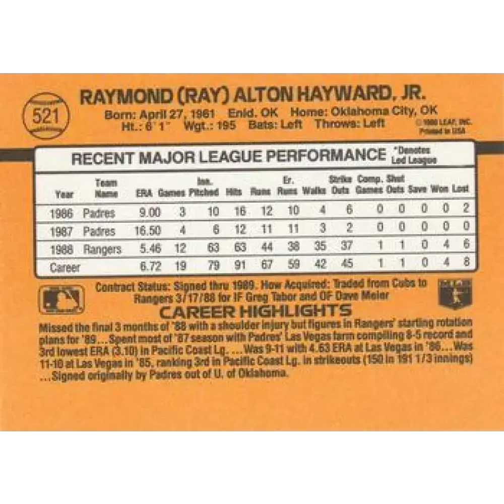 1989 Donruss #521 Ray Hayward DP NM-MT Texas Rangers Baseball Card - Baseball Card Single
