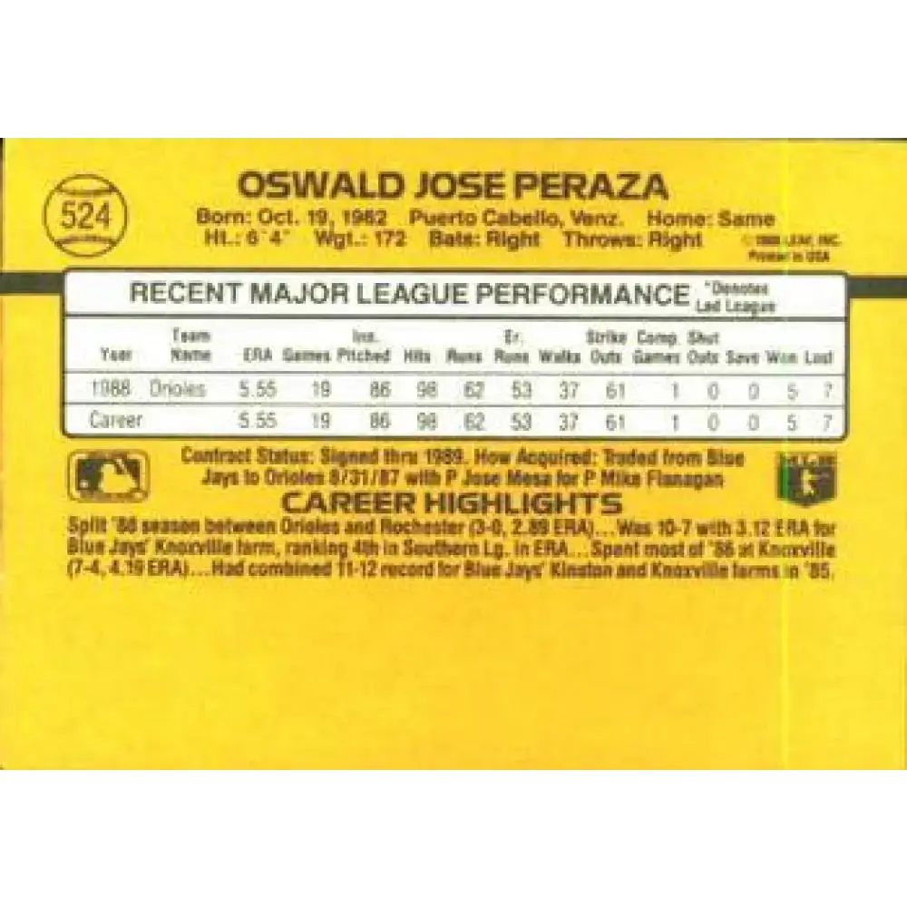 1989 Donruss #524 Oswaldo Peraza DP NM-MT Baltimore Orioles Baseball Card - Baseball Card Single