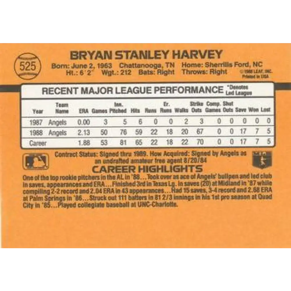 1989 Donruss #525 Bryan Harvey DP NM-MT RC Rookie California Angels Baseball Card - Baseball Card Single