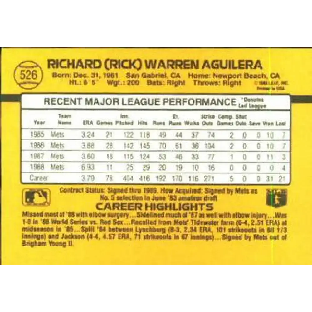 1989 Donruss #526 Rick Aguilera DP NM-MT New York Mets Baseball Card - Baseball Card Single